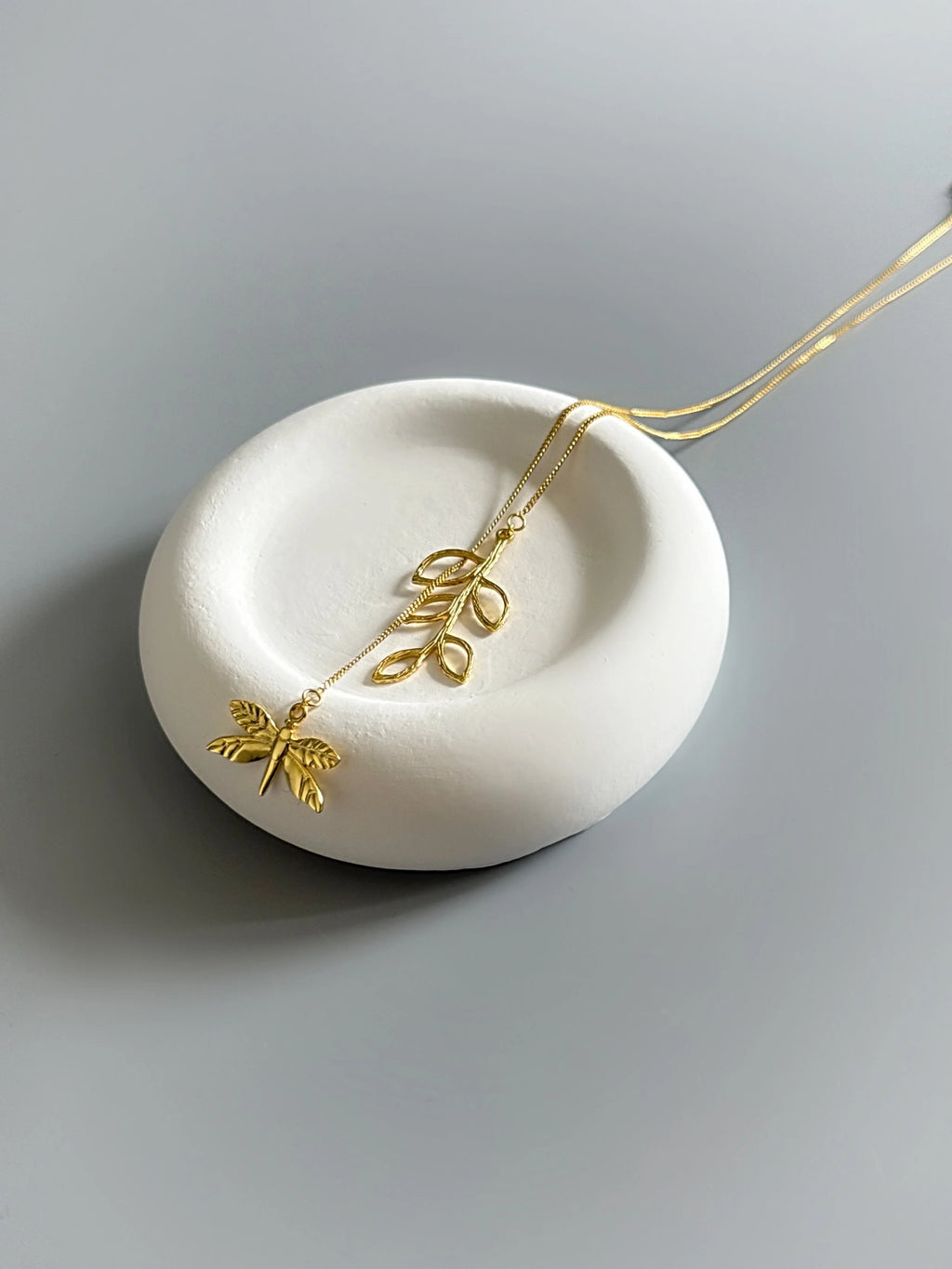 925 Sterling Silver Gold Plated Nature Inspired Dragonfly & Leaf Necklace