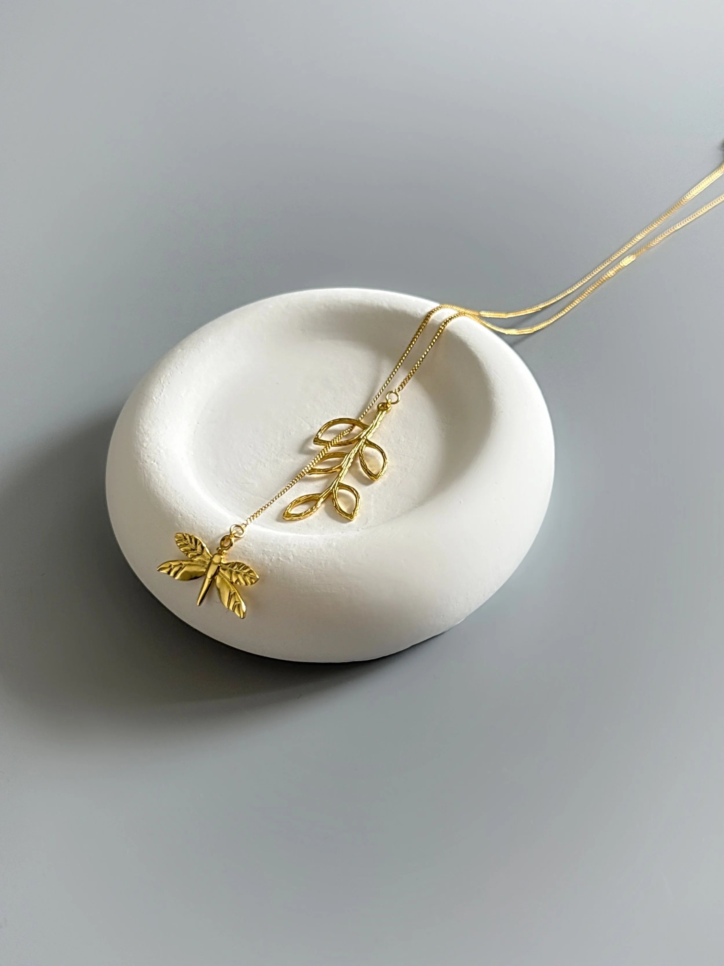 925 Sterling Silver Gold Plated Nature Inspired Dragonfly & Leaf Necklace