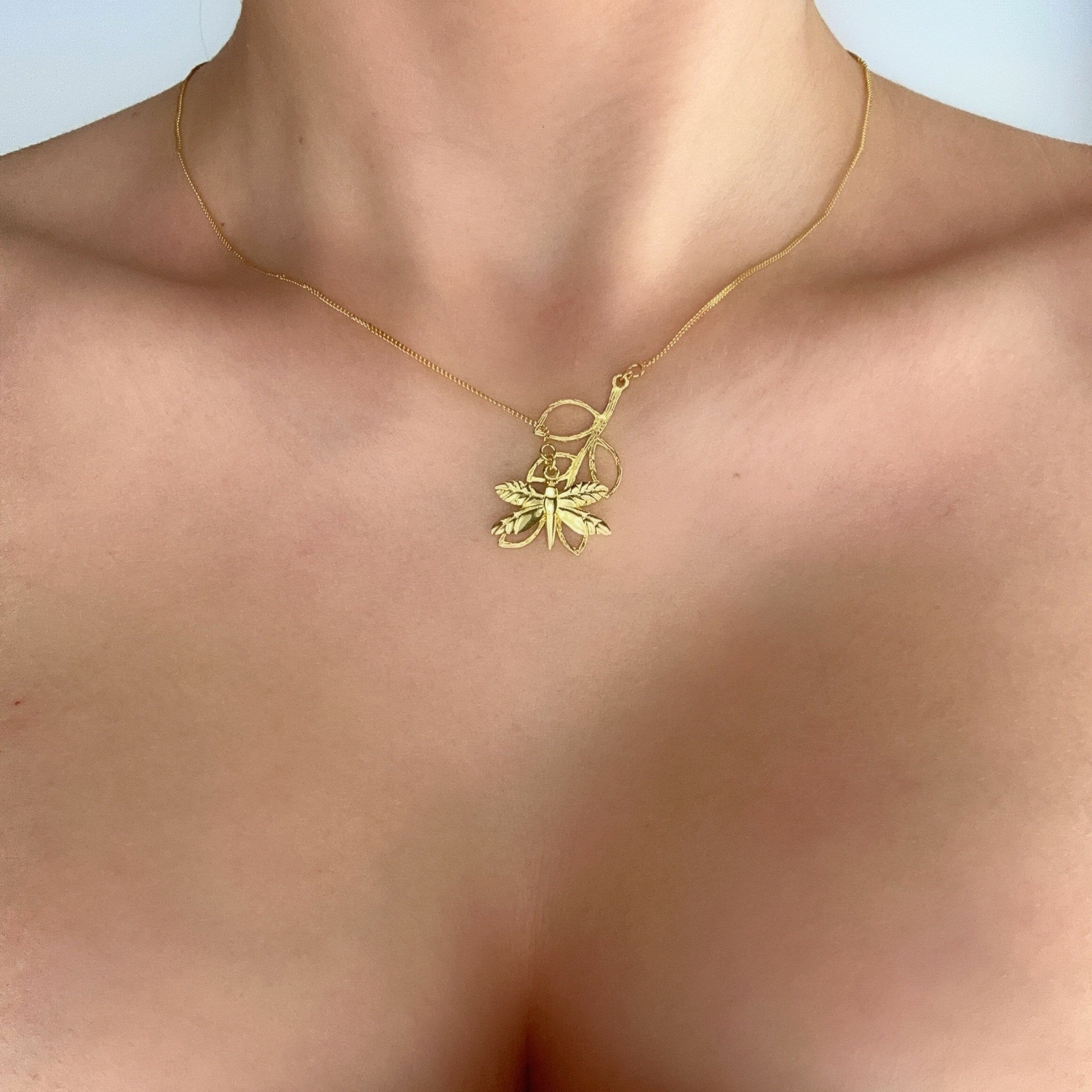 925 Sterling Silver Gold Plated Nature Inspired Dragonfly & Leaf Necklace