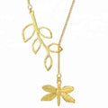 925 Sterling Silver Gold Plated Nature Inspired Dragonfly & Leaf Necklace