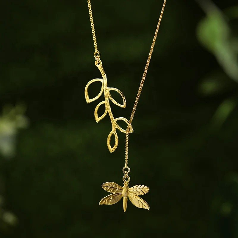 925 Sterling Silver Gold Plated Nature Inspired Dragonfly & Leaf Necklace