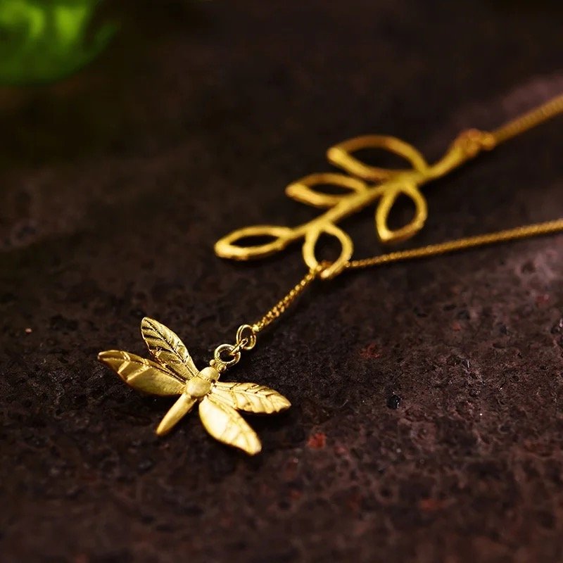 925 Sterling Silver Gold Plated Nature Inspired Dragonfly & Leaf Necklace